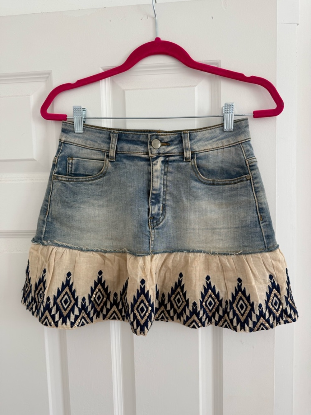Desigual Denim Mini Skirt with Beige Ruffle and Navy Embroidery. Fits like an S